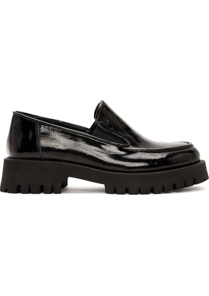Kadın Siyah Rugan Deri Maskülen Loafer 24WFD184016