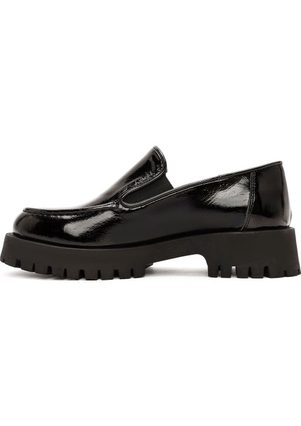 Kadın Siyah Rugan Deri Maskülen Loafer 24WFD184016