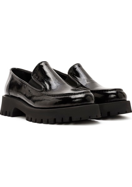 Kadın Siyah Rugan Deri Maskülen Loafer 24WFD184016