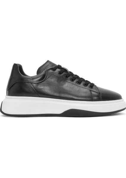 Erkek Siyah Bağcıklı Kalın Tabanlı Deri Sneaker 24WFD632318