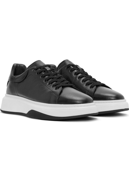 Erkek Siyah Bağcıklı Kalın Tabanlı Deri Sneaker 24WFD632318
