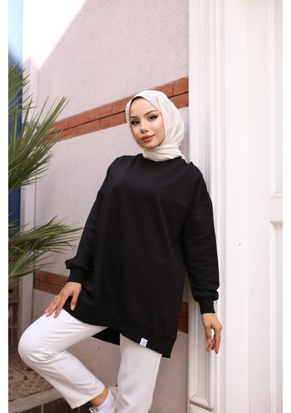 Iki Iplik Penye Kumaş Oversize Sweatshirt Siyah