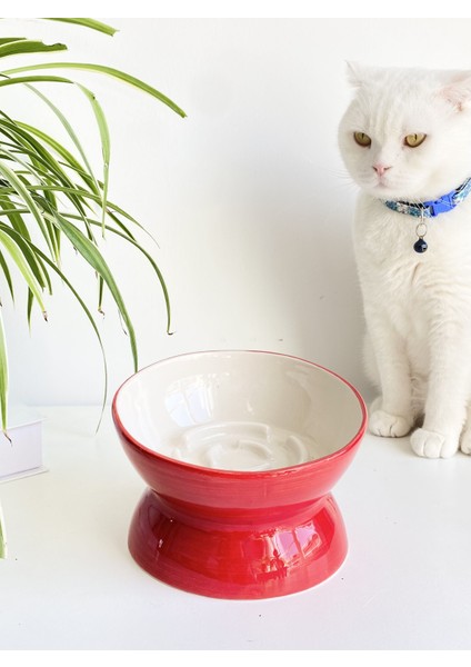 Seramik Yavaş Yeme Kedi Mama Kabı (Kırmızı)