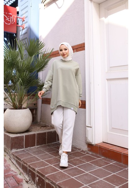 Iki Iplik Penye Kumaş Oversize Sweatshirt Haki
