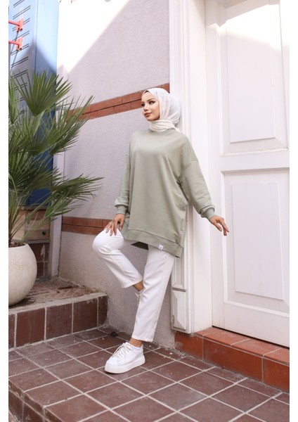 Iki Iplik Penye Kumaş Oversize Sweatshirt Haki
