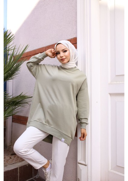 Iki Iplik Penye Kumaş Oversize Sweatshirt Haki