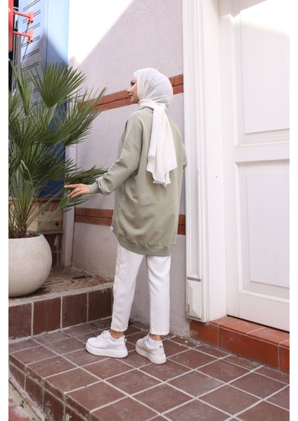 Iki Iplik Penye Kumaş Oversize Sweatshirt Haki