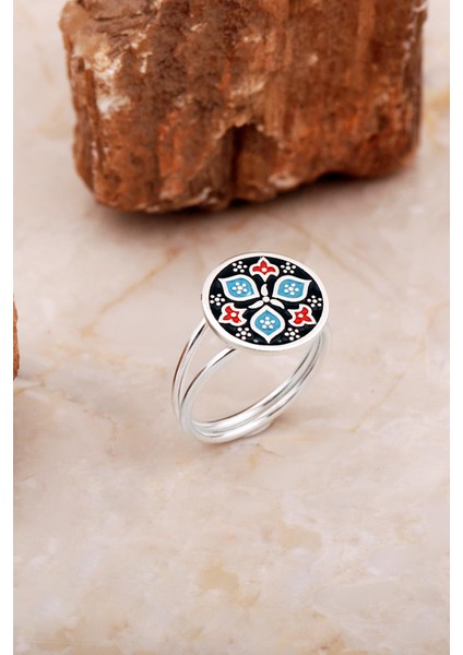 Anadolu Motifli Mineli Elişi Gümüş Yüzük 5888