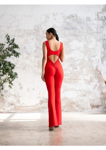 Kırmızı Arkası Büzgülü ( Scrunch Butt ) Ispanyol Paça Tayt Tulum