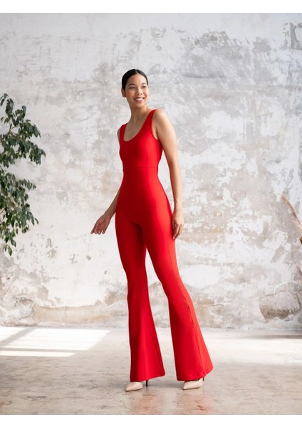 Kırmızı Arkası Büzgülü ( Scrunch Butt ) Ispanyol Paça Tayt Tulum fiyatları