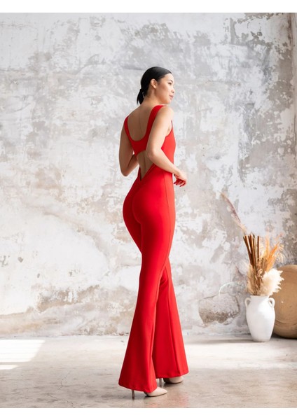 Kırmızı Arkası Büzgülü ( Scrunch Butt ) Ispanyol Paça Tayt Tulum indirimleri