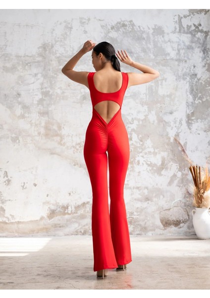 Kırmızı Arkası Büzgülü ( Scrunch Butt ) Ispanyol Paça Tayt Tulum