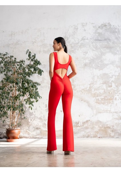 Kırmızı Arkası Büzgülü ( Scrunch Butt ) Ispanyol Paça Tayt Tulum