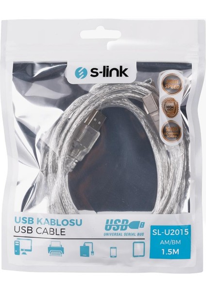 SL-U2015 USB 2.0 Şeffaf Yazıcı Kablosu 1.5m