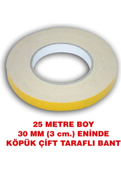 Çift Taraflı İçi Beyaz Köpüklü Bant 25 Metre Uzunlukta (30 mm - 3 Cm Eninde)