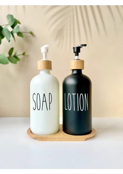 2'li Bambu Altlıklı Beyaz ve Siyah Cam Lotion | Soap Seti