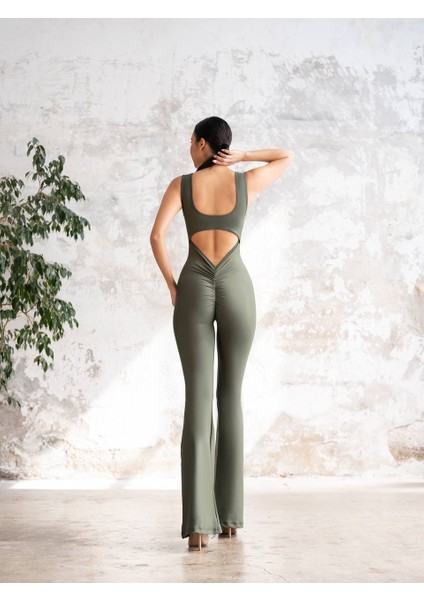 Haki Yeşil Arkası Büzgülü ( Scrunch Butt ) Ispanyol Paça Tayt Tulum