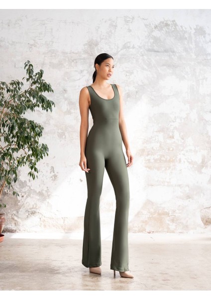 Haki Yeşil Arkası Büzgülü ( Scrunch Butt ) Ispanyol Paça Tayt Tulum fiyatları