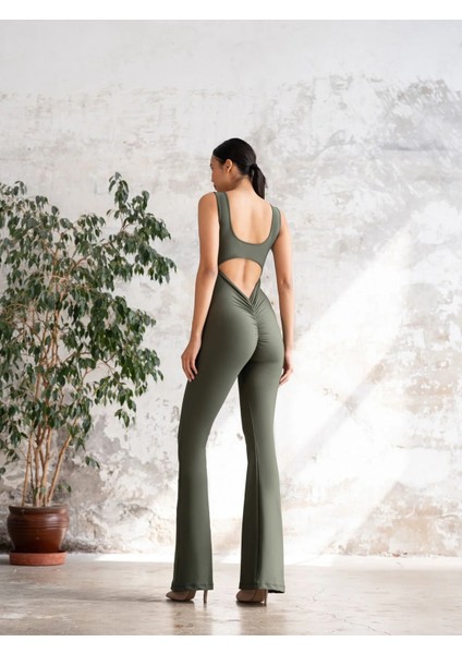 Haki Yeşil Arkası Büzgülü ( Scrunch Butt ) Ispanyol Paça Tayt Tulum indirimleri