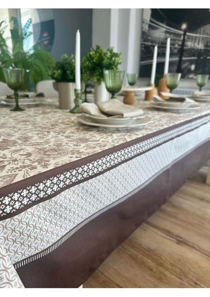 Leke Tutmaz Çiçek Desenli Kenar Bordürlü Kahverengi Masa Örtüsü fırsatları