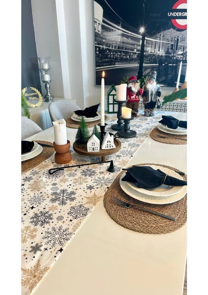 Yeni Yıl Temalı Ekru / Siyah Runner Yılbaşı Masası Yılbaşı Runner
