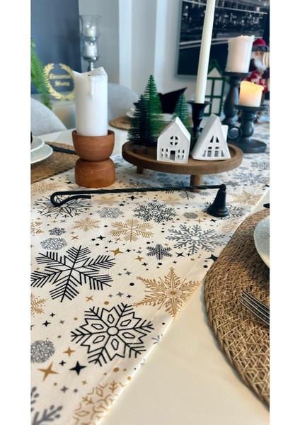 Yeni Yıl Temalı Ekru / Siyah Runner Yılbaşı Masası Yılbaşı Runner fiyatları