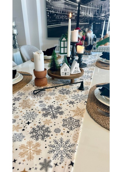 Yeni Yıl Temalı Ekru / Siyah Runner Yılbaşı Masası Yılbaşı Runner modelleri