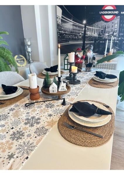 Yeni Yıl Temalı Ekru / Siyah Runner Yılbaşı Masası Yılbaşı Runner indirimleri
