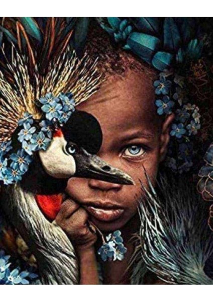 Kanvas afrikalı Çocuk ve Kuş Sayılarla Boyama Seti Kasnaklı 90 x 110 cm