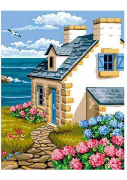 Kanvas sahil Evi Sayılarla Boyama Seti Kasnaklı 60 x 75 cm