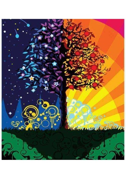 Kanvas gündüz Gece ve Ağaç Sayılarla Boyama Seti Kasnaklı 40 x 50 cm