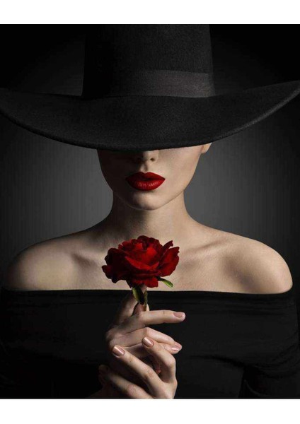 Kanvas zarif Siyah Şapkalı Kadın Sayılarla Boyama Seti Kasnaklı 40 x 50 cm