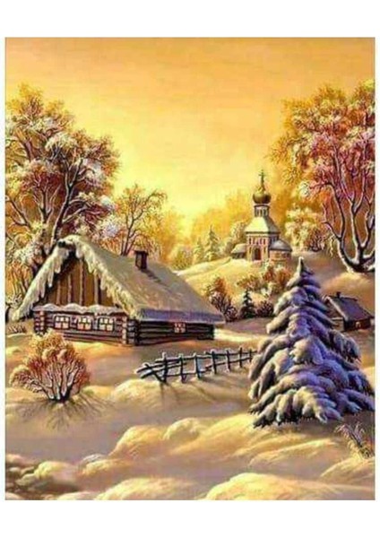 Kanvas bir Kış Manzarası Sayılarla Boyama Seti Kasnaklı 100 x 140 cm