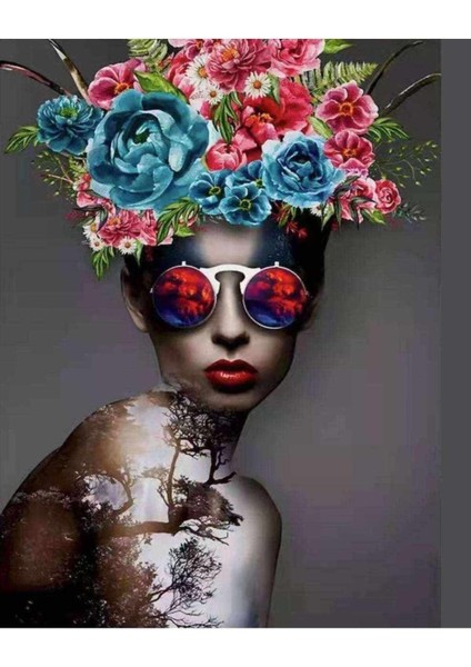 Kanvas kadının Çiçek Duruşu 9 Sayılarla Boyama Seti Kasnaklı 90 x 110 cm