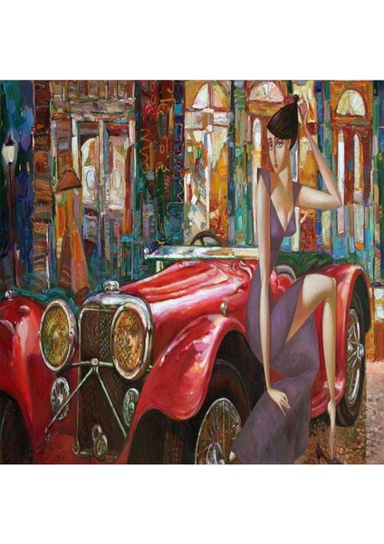 Kanvas klasik Araba ve Kadın Sayılarla Boyama Seti Kasnaklı 90 x 110 cm