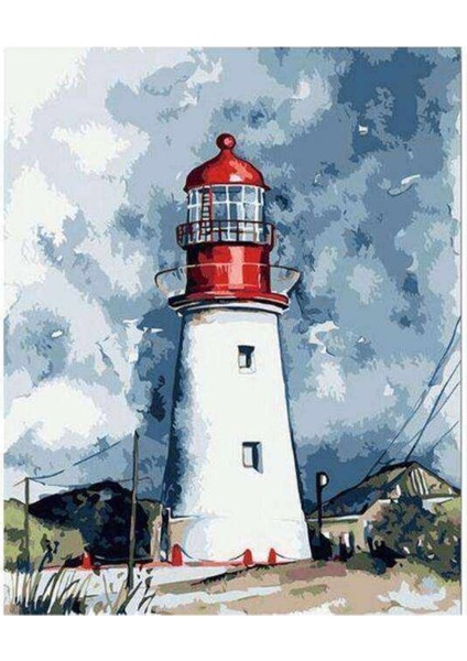 Kanvas deniz Feneri ve Bulutlar Sayılarla Boyama Seti Kasnaklı 60 x 75 cm