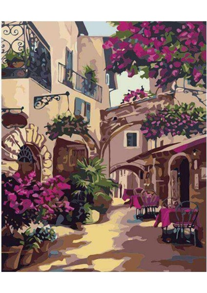 Kanvas Sokak Arasındaki Restoran Sayılarla Boyama Seti Kasnaklı 60 x 75 cm