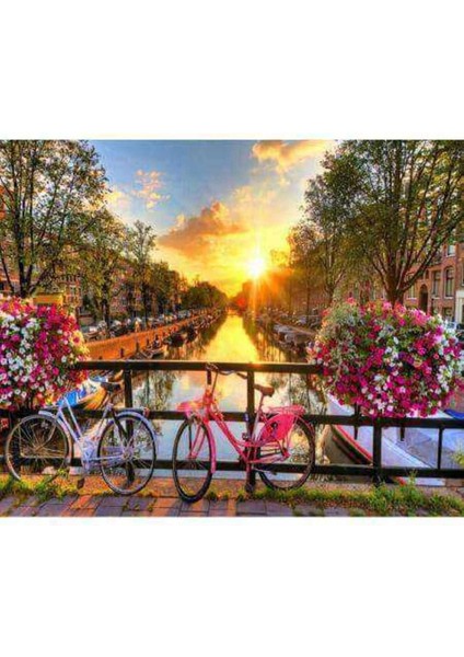 Kanvas bisikletle Nehir Gezintisi Sayılarla Boyama Seti Kasnaklı 100 x 140 cm