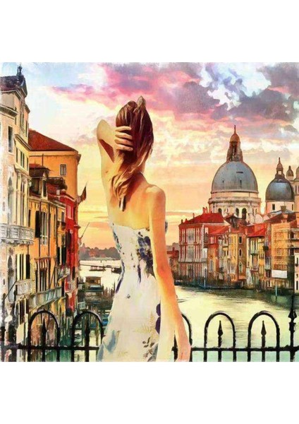 Kanvas manzaraya Bakan Kadın Sayılarla Boyama Seti Kasnaklı 40 x 50 cm