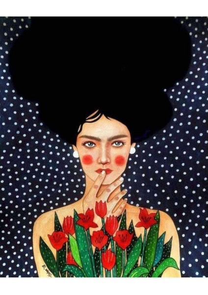 Kanvas laleli Kadın Sayılarla Boyama Seti Kasnaklı 60 x 75 cm