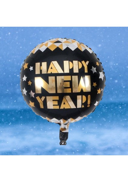 Happy New Year 18 Inç 45 cm Yuvarlak Siyah Gold Folyo Balon