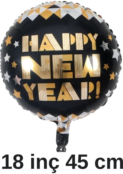 Happy New Year 18 Inç 45 cm Yuvarlak Siyah Gold Folyo Balon