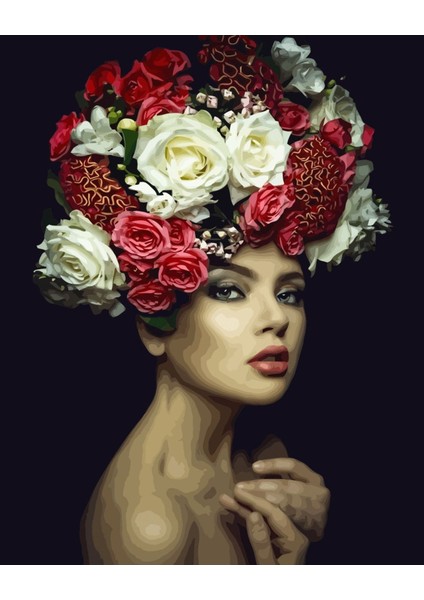 Kanvas kadının Çiçek Duruşu 3 Sayılarla Boyama Seti Kasnaklı 40 x 50 cm