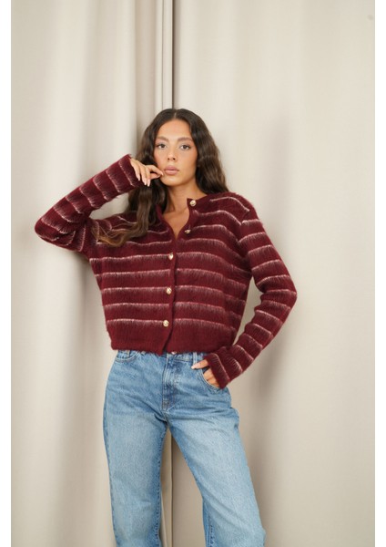 Bordo Çizgili Şardonlu Hırka