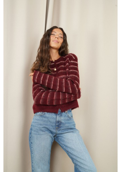 Bordo Çizgili Şardonlu Hırka modelleri