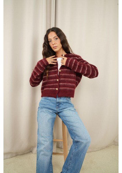 Bordo Çizgili Şardonlu Hırka indirimleri