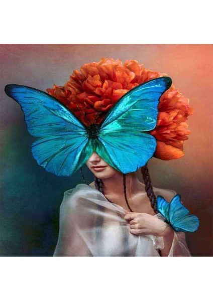 Kanvas mavi Kelebek ve Kadın Sayılarla Boyama Seti Kasnaklı 40 x 50 cm