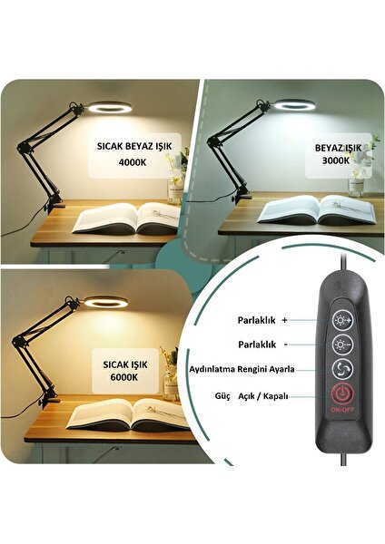 3 Renk Ayarlı Büyüteçli Masa Lambası USB Şarjlı Esnek ve Kullanışlı Alüminyum Gövde Şık Tasarım