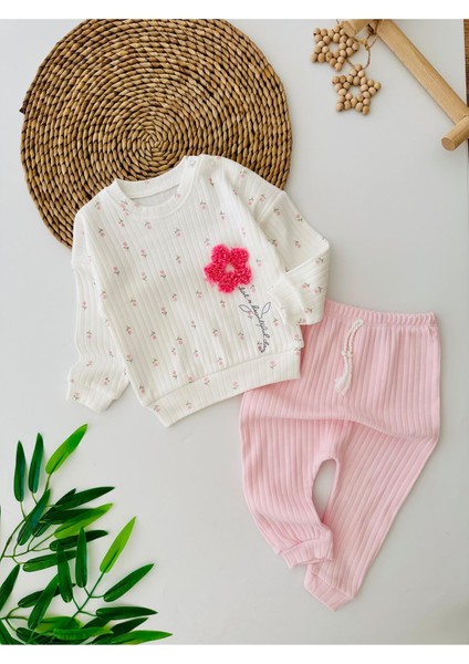 Çiçek Desenli Kız Bebe Fitilli Pamuklu takım - Pembe