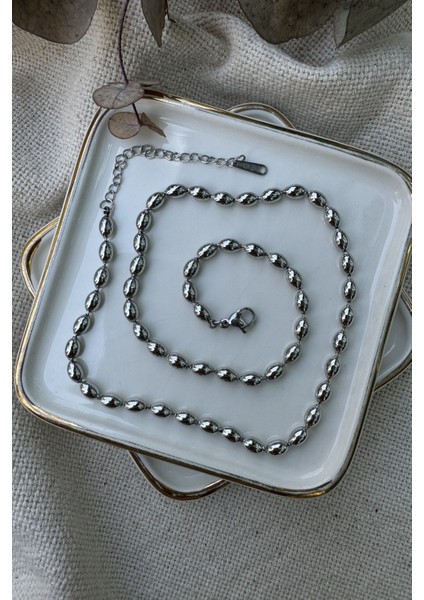 Çelik Sıralı Badem Kolye 47CM